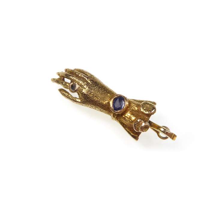 Gold and gem set hand clasp, with ring fittings for a single row